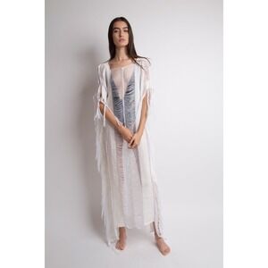 Raw Vestido Maxi Mitla 3.0 Crudo White Fringe Kaftan Maxi Dress Cover Up OS